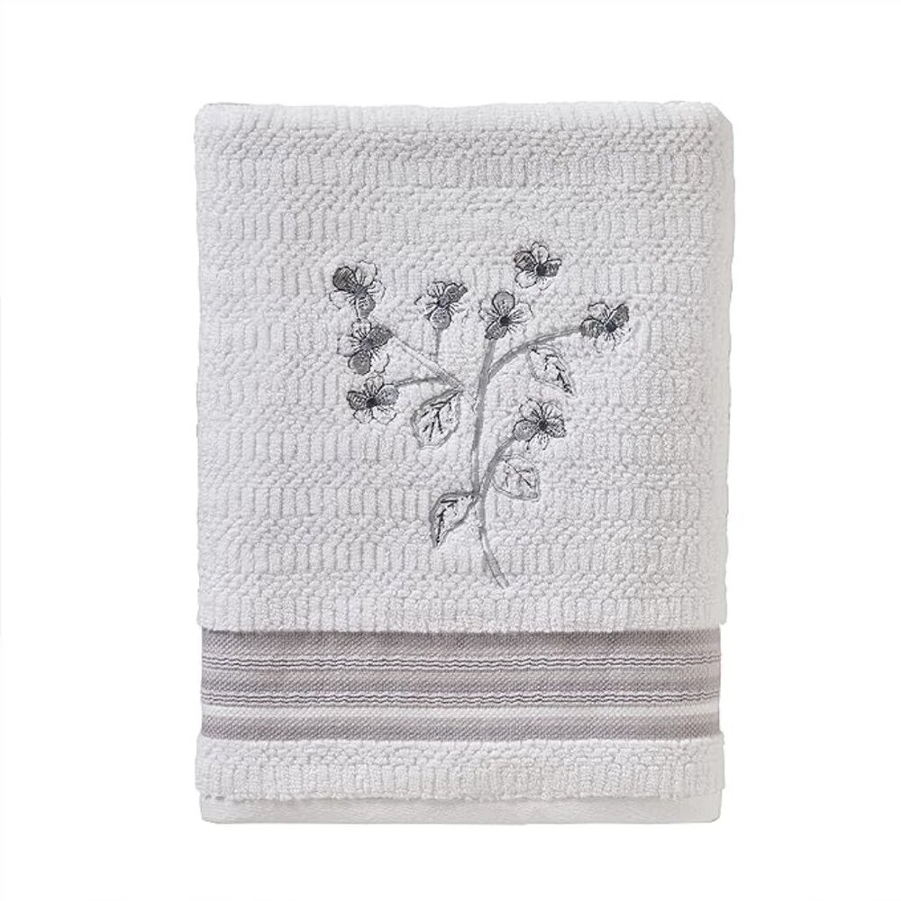 SKL Home Timeless Leaves Cotton Bath Towel Set – 2-Piece | White with Leaf Embro